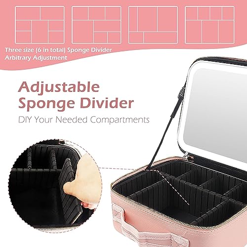 NBLE Travel Makeup Bag with LED Lighted Mirror, Adjustable Brightness LED Cosmetic Case with Divider Storage,Waterproof Portable Make Up Travel Box Accessories And Tools Case