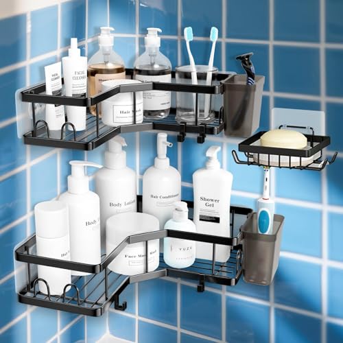 Zuooiec Corner Shower Caddy 3 Pack,Black Rust-Resistant Adhesive Shower Shelf No Drilling,Bathroom Shelf Shower Storage with Soap Holder&Hooks&Toothpaste Holders,Bathroom or Kitchen Accessories