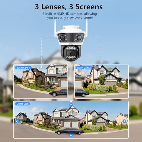 2NLF 3-Lens Outdoor Security Camera with 360° PTZ, 4MP WiFi Camera with Color Night Vision, 10X Digital Zoom, Motion Detection and Two-Way Audio, IP66 Waterproof