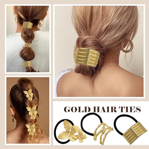 3PCS Metal Hair Ties, Ponytails Hair Cuffs Metal Geometric Elastic Hair Ties Women's Glossy Ponytail Hair Elegant Durable Design Tie Hair Accessories for Thick Hair Ponytails suitable (gold, 3pcs)