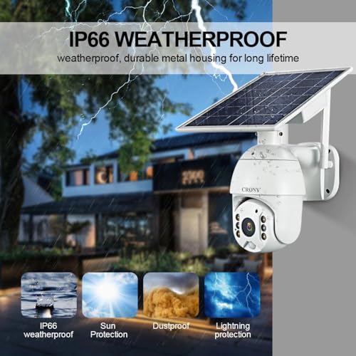 CRONY Security CCTV Solar Camera - Full Color Night Vision Solar Powered 4G Outdoor AI Tracking Cloud Storage WIFI Needed 2 Way Audio 1080P PIR Alarm Perfect for Ranch Warehouse Parking Lot