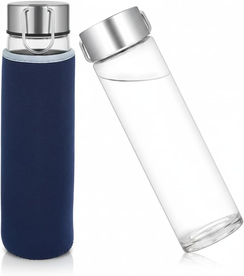 750ml Glass Water Bottle with Stainless Steel Leak-Proof Lid & Carry Handle Reusable Drinking Bottle with Neoprene Sleeve for Office, Gym, Travel & School (Blue) - Blue