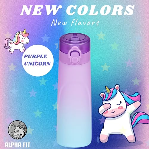 Alpha Fit Air Up Compatible Water Bottle with 3 Flavor Pods - 22oz/750ml BPA-Free, Leak-Proof Reusable Bottle for Kids, Teens & School | Purple Unicorn Design