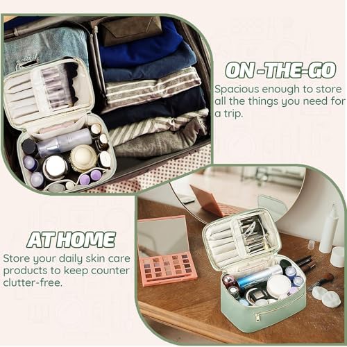 PawPawU Makeup Bag, Travel Cosmetic and Toiletry Organizer, Vegan Leather Waterproof Beauty Washbag with Handle to Keep Your Make up, Brushes, Skincare Products Organized (Beige)