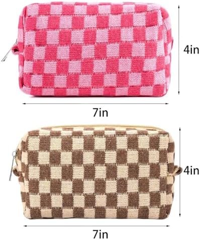 ZLFSRQ 3Pcs Checkered Makeup Bag for Women Large Cosmetic Bag Set Travel Toiletry Bag Makeup Pouch Bag for Purse Pink Zipper Storage Bag Organizer Cute Small Aesthetic Girls Car Essentials Bag