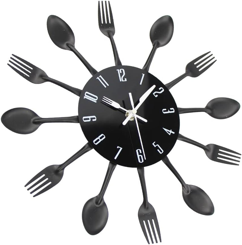 Timelike 3D Removable Modern Creative Cutlery Kitchen Spoon Fork Wall Clock Mirror Wall Decal Wall Sticker Room Home Decoration (Black)
