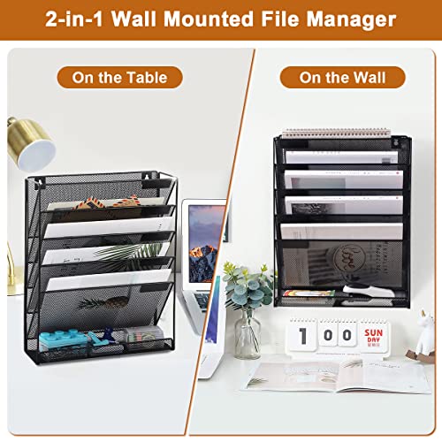 Wall File Organizer 5 Tier Metal Mesh Wall File Holder, Vertical Magazine Rack with Bottom Flat Tray Pockets Nametag Label, Office Hanging Folder Paper Document Storage Mail Sorter Bin for Home School