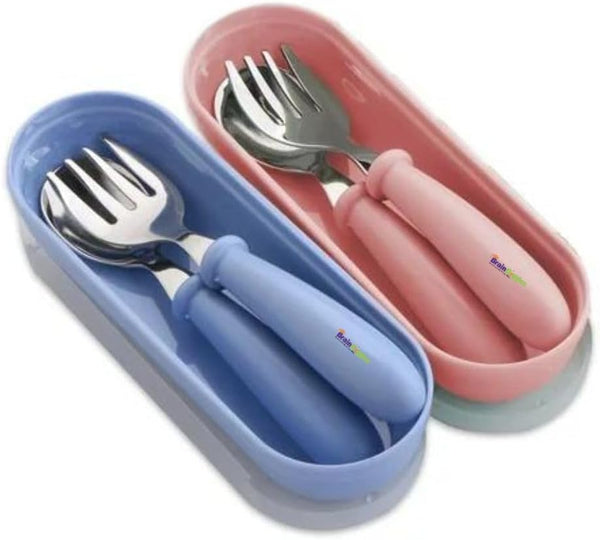 Kids Cutlery Set with Case, Stainless Steel Spoon & Fork for Children, Round Edge BPA Free Tableware for School Lunch Box, Picnic, Travel (Pack of 1, Blue) - Blue & Pink 2