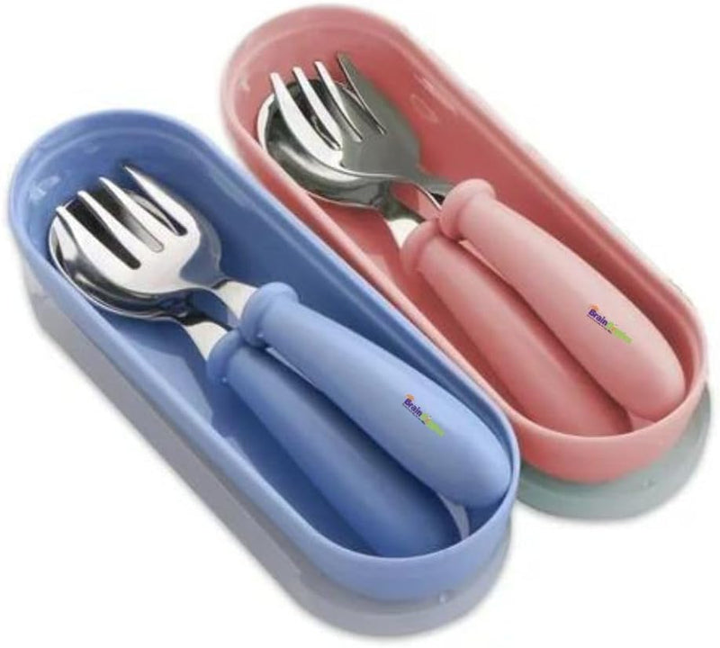 Kids Cutlery Set with Case, Stainless Steel Spoon & Fork for Children, Round Edge BPA Free Tableware for School Lunch Box, Picnic, Travel (Pack of 1, Blue) - Blue & Pink 2