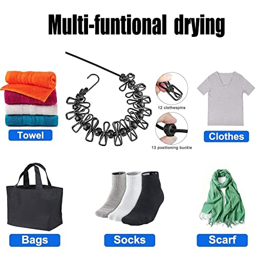 Vshinic Retractable Clothesline Travel Elastic Adjustable Clothes Lines Rope Laundry Camping Line Windproof Washing Line with Anti-skid 12pcs Clothespins