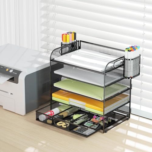 5Tray Desk Organizer with Drawer,Mesh Paper Letter Tray Organizer with Handleand 2Pen Holder,Desktop File Organizer and Storage Office Organization Metal Paper Tray for Letter/A4 Office File Folder