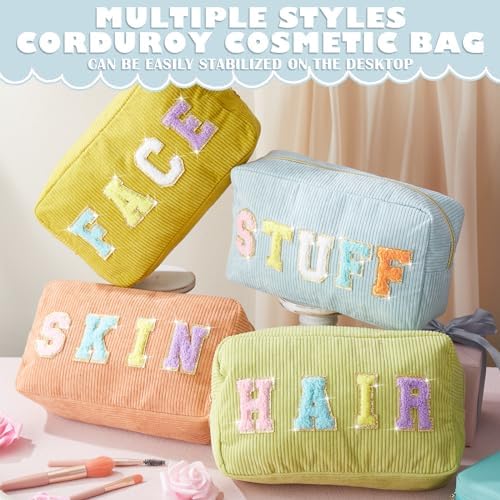 Pinkunn 4 Pcs Preppy Makeup Bags Christmas Chenille Letter Bag Face Skin Hair Stuff Cosmetic Bag Corduroy Makeup Pouch with Zipper Birthday Gifts for Women(Purple, Pink, White, Blue,Corduroy)