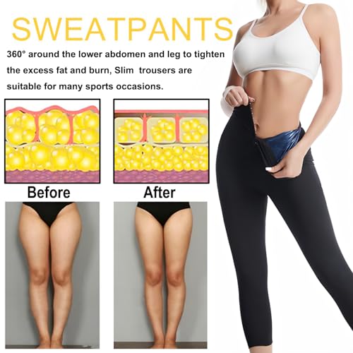 Women's High Waist Sauna Leggings, Tummy Control Compression Pants with Pockets,Blue,X-Large