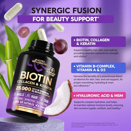 Biotin | Collagen | Keratin | Hyaluronic Acid - Hair Growth Support Supplement | Skin & Nails Beauty Complex 25000 mcg - B1 | B2 | B3 | B6 | B7 - Made in USA - For Women & Men | 60 Capsules