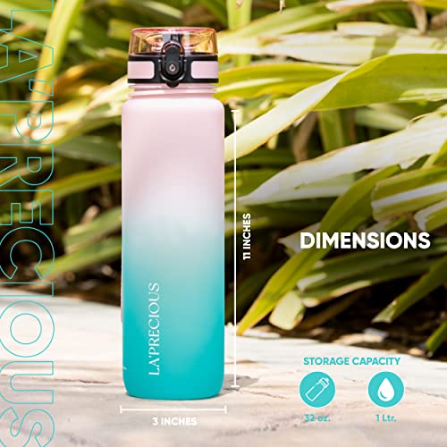 LA' PRECIOUS Water Bottle for Adults,1 liter-USA Tritan Material, Non-Toxic BPA Free, Fast Flow, Flip Top Leak Proof Lid. (Pink/Green)
