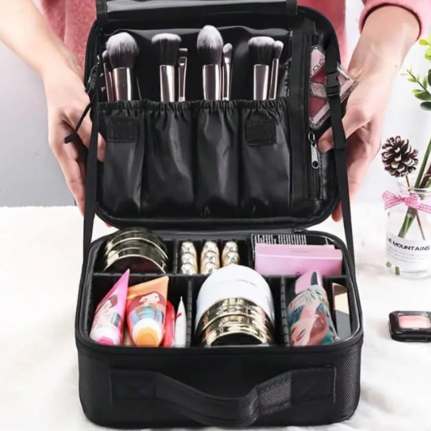 Portable Travel Makeup Bag | Adjustable Cosmetic Case Organizer for Brushes, Toiletries, Jewelry & Accessories – Black