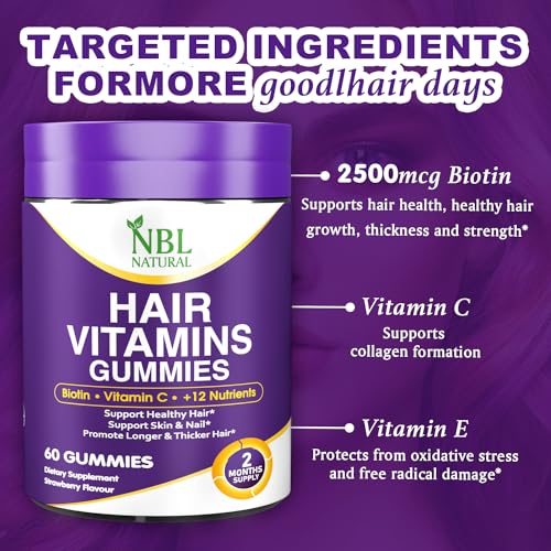 NBL Natural Hair Vitamins 60 Gummies Supplement with Vitamin C, Biotin & Folic Acid Supports Hair Growth, Hair Loss, Healthy Hair, Skin & Nails | Hair Multivitamins Supplements for Men Women's