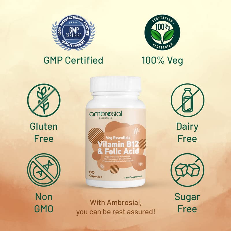 Ambrosial Vitamin B12 1000 mcg + 500 mcg Folic Acid | 1500 mcg | Folic Acid | Reduction of Tiredness & Fatigue | B12 Supplement | Immune System, Energy & Brain Support (Pack of 1-60 Capsules)
