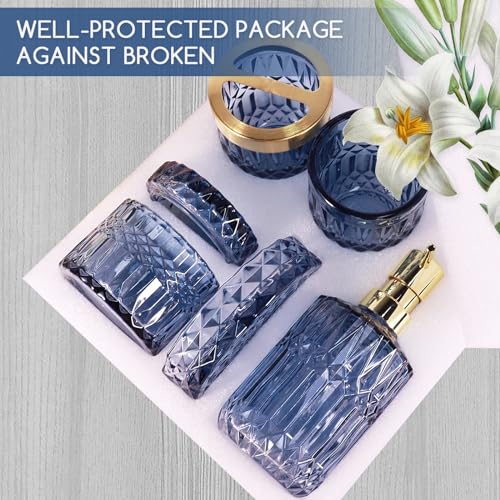 Topsky Blue Bathroom Accessory Set, Glass Bathroom Decor Countertop Organizer,5Pcs Bathroom Accessories with Lotion Dispenser(Cylindrical), Soap Dish, Toothbrush Holder, Tumbler, Cotton Swab Jars
