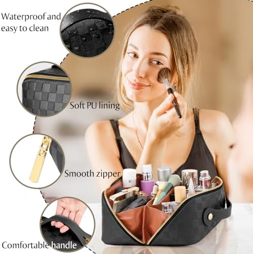 ALEXTINA Large Capacity Travel Cosmetic Bag - Portable Makeup Bags for Women Travel Toiletry Bag Waterproof Leather Checkered Makeup Organizer Bag, Roomy Cosmetic Bag for Women and Girls, Black,