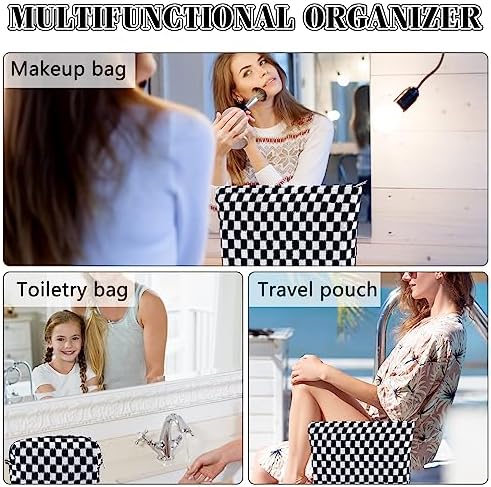 ZLFSRQ 3Pcs Checkered Makeup Bag for Women Large Cosmetic Bag Set Travel Toiletry Bag Makeup Pouch Bag for Purse Pink Zipper Storage Bag Organizer Cute Small Aesthetic Girls Car Essentials Bag