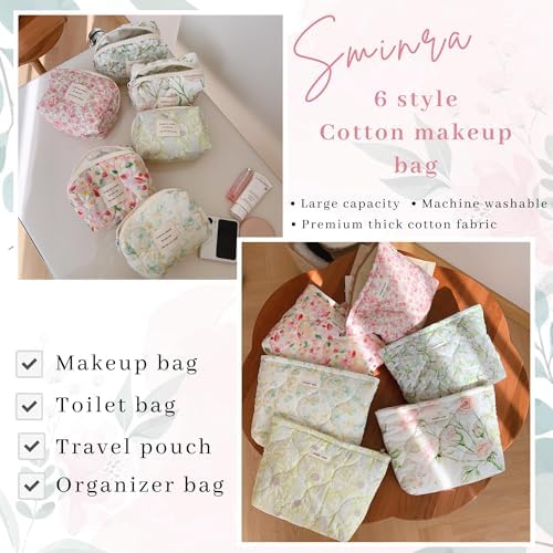 Azonee 2 Pcs Floral Makeup Bag Large Travel, Cotton Quilted Cosmetic Makeup Bag Organizer, Cute Coquette Aesthetic Zipper Portable Pouch Purse Toiletry Bag for Skincare Cosmetics (Pink Floral flowers)