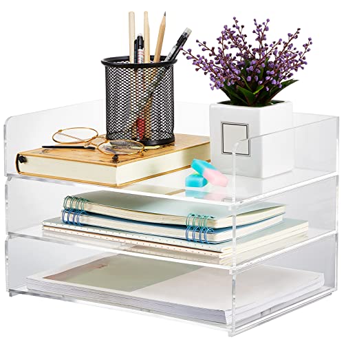 Yulejo Acrylic Desk Organizers and Accessories Tier Paper File Organizer Tray Stackable Document Clear Desk Accessories for Office Workspace Organization (315 x 222 x 68 mm/ 12.4 x 8.74 x 2.68 Inch)
