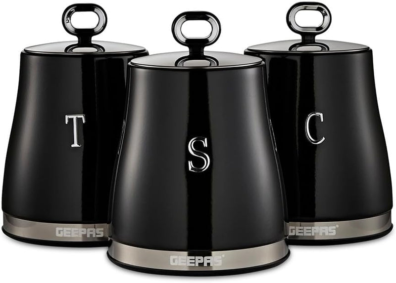 GEEPAS 3-Piece Tea Coffee Sugar Canisters Set 1.4L Airtight Stainless Steel Lids & Durable Carbon Steel Body Kitchen Storage Canisters Keeps Contents Fresh Aromatic & Flavourful Black Retrovive - Black