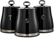 Geepas RetroWave 3-Piece Canister Set Airtight Carbon Steel Storage Jars with Silicone Seal, Stainless Steel Lids & Easy-Lift Handles Black (GCS63082UK-BK) - Black