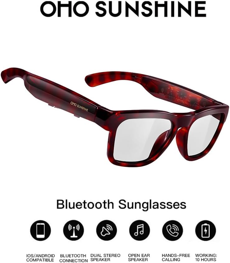 OhO sunshine OhO Bluetooth Sunglasses,Voice Control and Open Ear Style Smart Glasses Listen Music and Calls with Volume UP and Down,Bluetooth 5.0 Audio Glasses and IP44 Waterproof, unisex-adult