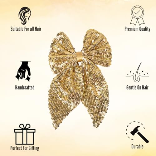 Radhu & Kabby Trendy Hair Bow for Women/Girls | Perfect for Special Occasions | Fancy & Stylish Hair Accessories | Anti-Hair Breakage | Glittery Golden Color | Same as pic | 1 Pcs