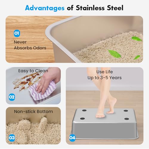 Angju Stainless Steel Cat Litter Box with Lid, Extra Large Cat Litter Box with Plasma Deodorizing for Eliminating 99% Odor, Enclosed Cat Litter Boxes, Metal Covered Litter Box, Anti-Urine Leakage