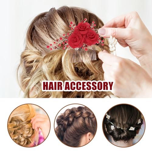 2 Pcs Red Hair Accessories, Gold Rose Bridal Side Combs Floral Rhinestone Pearl Vintage Decorative Crystal Emerald Headpiece Wedding Sparkly Accessory for Women