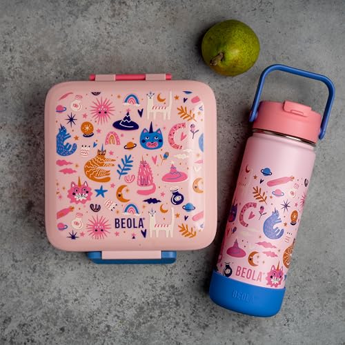 BEOLA 550ml Kids Water Bottle 18/8 Stainless Steel Double Wall Insulated Thermos Bottle with Straw Lid and Wide Mouth, Hot Cold Liquids Sports School Bottle (19oz, Unicat Magic)