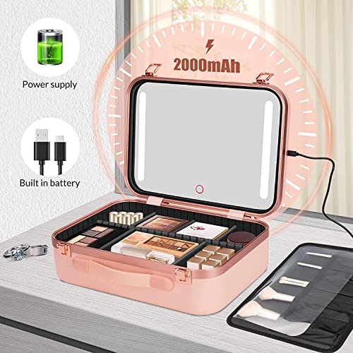 Angju Makeup Travel Lighted Case with Large LED Light Mirror Cosmetic Bag Organizer Professional Adjustable Divider Storage, Waterproof Portable Make up Train Box Accessories And Tools Case