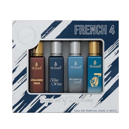 Al Nuaim French 4 EDP Gift Set For Unisex (4 X 20ml) Chocolate Musk, Blueberry Musk, Blue Wave 07, Long Lasting Liquid Fragrance (Pack Of 4)