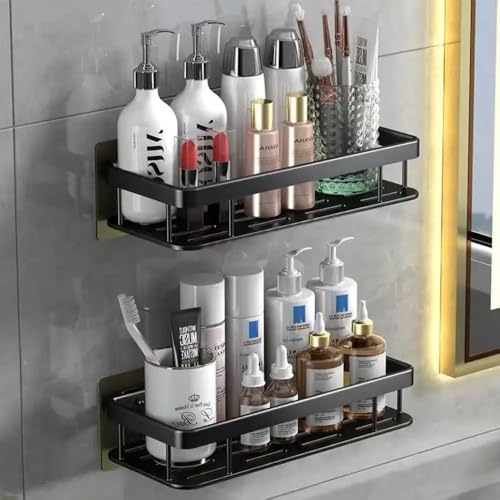 O-ONE LIVING Shower Caddy Shelf – Self Adhesive No Drilling- Bathroom Shower Rack- Wall Mounted -Organizer with Rustproof Basket-Toilet and Kitchen Durable & Modern 2pcs in 1Set BLACK