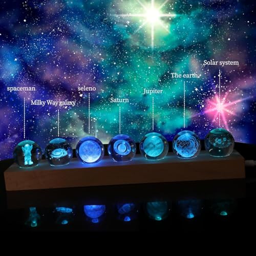 Azonee Planet Crystal Ball Night Light, 3D Crystal Ball Night Light with Led Wooden Base, Crystal Ball Night Light for Meditation Positive Energy, Decorative Ball Set as Family Birthday Gift (7 Pack)