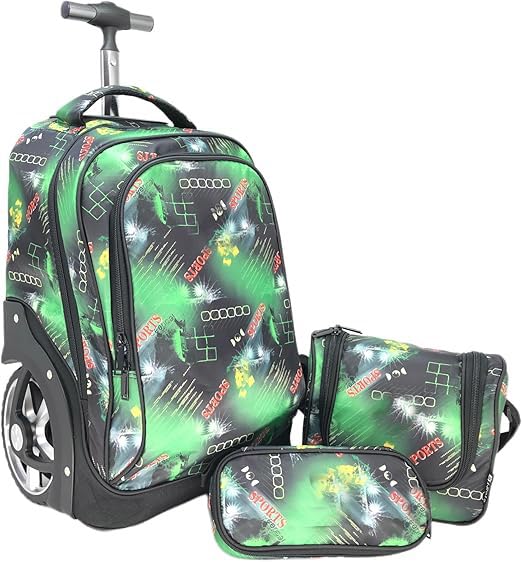18-Inch Big Wheel Kids' School Trolley Backpack with Lunch Bag & Pencil Case. (SPORTS GREEN DESIGN)