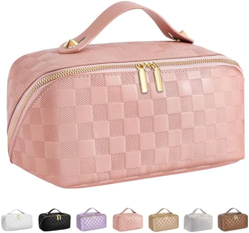 ALEXTINA Large Capacity Travel Cosmetic Bag - Portable Makeup Bags for Women Waterproof PU Leather Checkered Makeup Organizer Bag with Dividers and Handle,Toiletry Bag for Cosmetics, pink