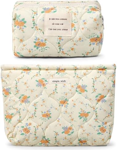 Sminra Floral Makeup Bag Large Cotton Quilted Cosmetic Makeup Bag Organizer, Aesthetic Portable Pouch Purse Toiletry Bag for Women Girls Travel accessories(Blue Floral-L)