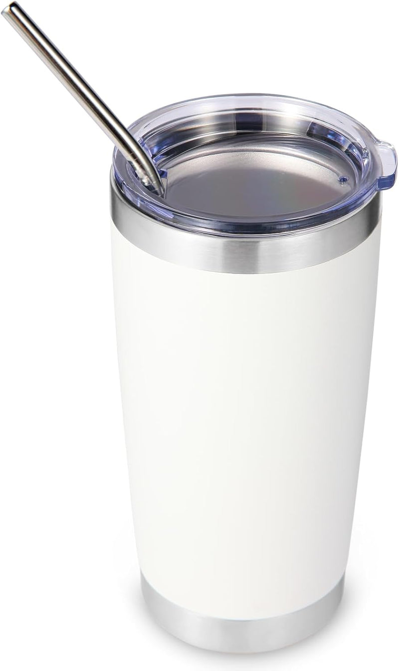 Volhoply 20oz Stainless Steel Tumbler with Lid and Straw,Double Wall Insulated Travel Iced Coffee Mug Fits Car Cup holder,Powder Coated Cups for Hot and Cold Drinks,Gifts for Women Men（White,1 Set）