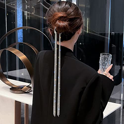 Excefore Punk Tassel Hair Clips Bling Crystal Long Chain With Clips Ponytail Head Chain Decorated Hair Barrette Hairwear Festival Nightclub Party Hair Chain for Women and Girls (Silver)