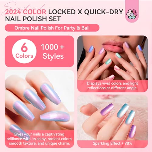 SAVILAND 6pcs Ombre Nail Polish Sets: Charm Pink Blue Gold Purple Ombre Summer Nail Polish Colors Air Quick Dry Nail Polish Plant-base Castor Oil Natural Nail Polish Sets for Women Gift Home Manicure