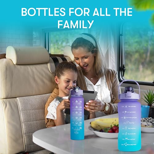 BPA 3 Pack Sport Healthy Water Bottle 2L+900ml+500ml Motivational Time Marker,Straw,Phone Holder, Plastic, Adults Kids Fitness Office Gym Home Outdoor School Exercise Protein shake Leak Proof (Blue)