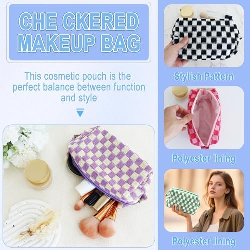 ZLFSRQ 3Pcs Checkered Makeup Bag for Women Large Cosmetic Bag Set Travel Toiletry Bag Makeup Pouch Bag for Purse Pink Zipper Storage Bag Organizer Cute Small Aesthetic Girls Car Essentials Bag