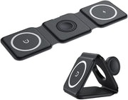 QUEST Fast Wireless Charger 15W 3 in 1 Induction Charger Magnetic Foldable Wireless Charging Station for iPhone 14/13/12 pro/SE/11/XS, Samsung Galaxy, iWatch, Pro 2 (Black)