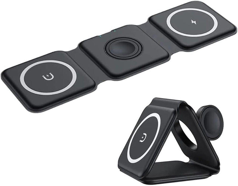 QUEST Fast Wireless Charger 15W 3 in 1 Induction Charger Magnetic Foldable Wireless Charging Station for iPhone 14/13/12 pro/SE/11/XS, Samsung Galaxy, iWatch, Pro 2 (Black)