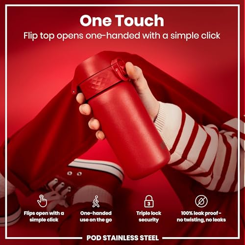Ion8 Kids Water Bottle, Steel 400 ml/13 oz, Leak Proof, Easy to Open, Secure Lock, Dishwasher Safe, Flip Cover, Carry Handle, Easy Clean, Durable, Metal Water Bottle, Carbon Neutral, Red