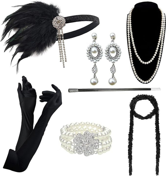 Xufeng 1920s Accessories for Women - Flapper Headpiece, Gloves, Necklace, Earrings - Great Gatsby Costume Accessories Set for Roaring 20s Parties and Special Occasions (Black+Silver, 7 Pcs)